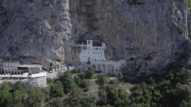 Drone shot flying around the Ostrog Monastery in Montenegro