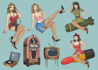 Pin-up girls colorful set sticker