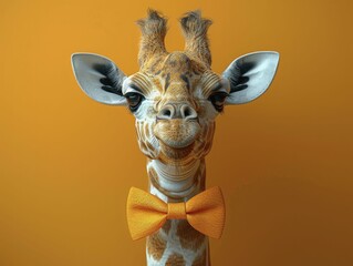 A chic 3D giraffe ensemble, complete with a bow tie, set against an upscale party backdrop for a refined affair.