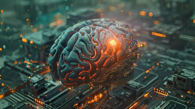 A human brain illuminated with light on a backdrop of intricate circuits, symbolizing the fusion of technology and intelligence.