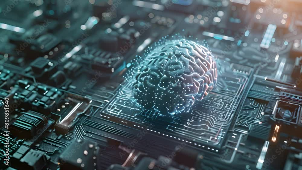 Poster a brain sits atop a computer circuit board, symbolizing the connection between human intelligence an