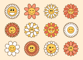 Set of groovy daisy flowers with funny faces. Flower power sticker pack in trendy hippie 60s, 70s retro style.