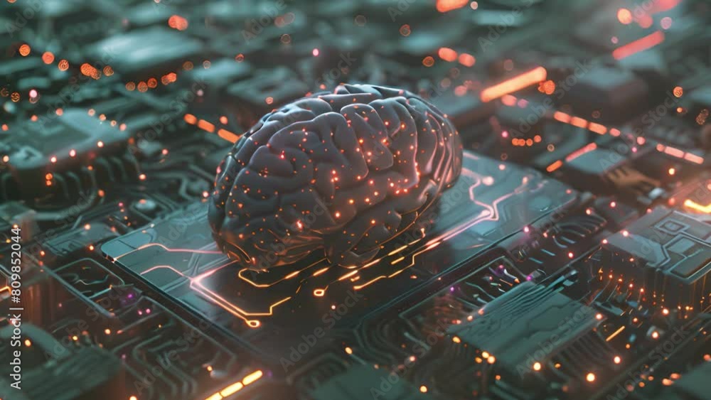 Poster a human brain sits atop a computer circuit board, symbolizing the fusion of technology and intellige