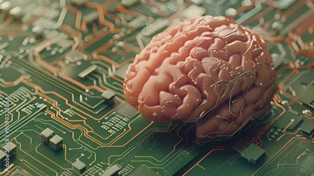 Poster a brain sits atop a computer circuit board, symbolizing the fusion of human intellect with technolog
