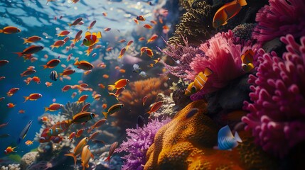 Underwater scene with a variety of fish and coral. The fish are mostly orange and white, and the coral is pink, purple, and green.