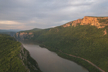 Aerial view above the Danube Gorge, at sunset