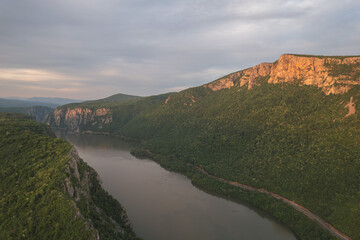 Obraz premium Aerial view above the Danube Gorge, at sunset
