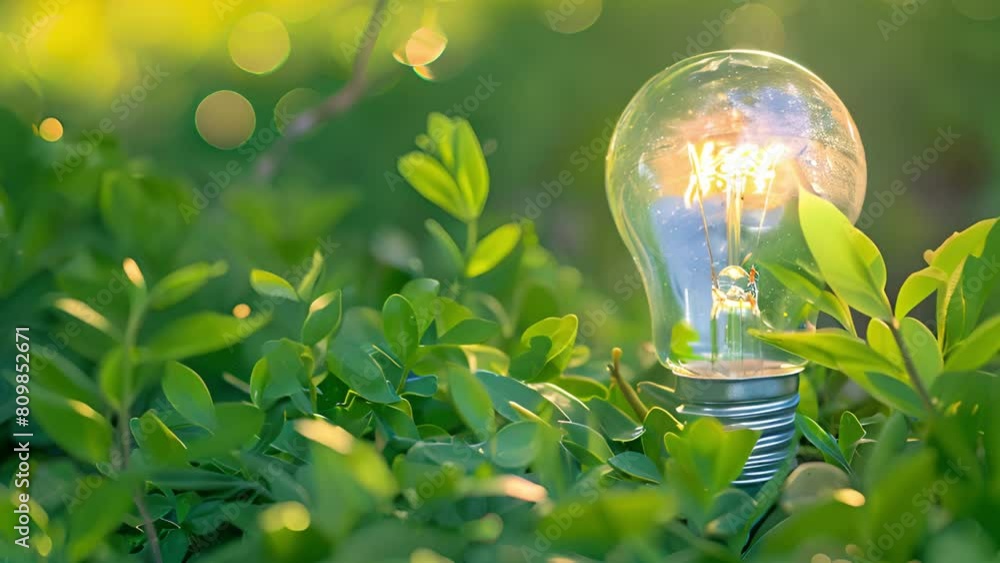 Poster a light bulb is placed on a vibrant green field under the suns rays.