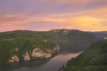 Aerial view above the Danube Gorge, at sunset