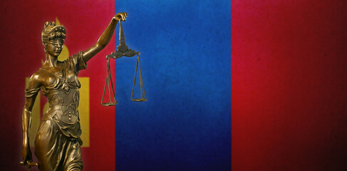 Lady Justice before a flag of Mongolia
