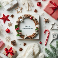 Obraz premium Merry Christmas and Happy Holidays greeting card, frame, banner. New Year. Christmas white handmade gifts and red decor on light background top view. Winter xmas holiday theme. Flat lay