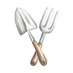 Trowel and rake. Gardening tools and supplies. Hand drawn watercolor illustration, isolated composition for cultivating land, growing. Equipment for garden, plant. Template for package, sticker, print
