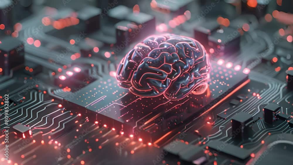 Poster a brain resting on top of a computer circuit board, symbolizing the combination of technology and hu
