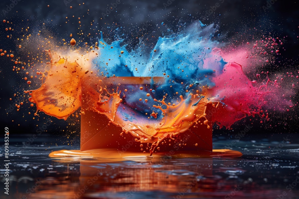 Poster a dynamic display of a cardboard box exploding, with intense blue and orange colors against a dark b