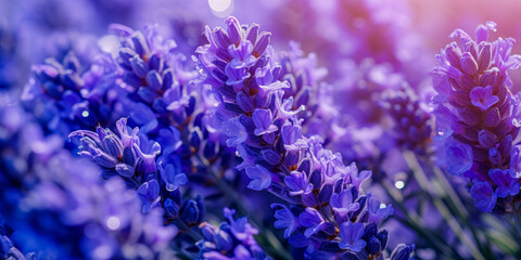 Vibrant Blue Lavender Flowers in Soft Focus with Sunlight Flare