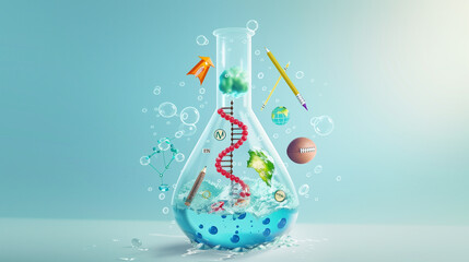 Science Education Erlenmeyer Flask with Floating Educational Icons