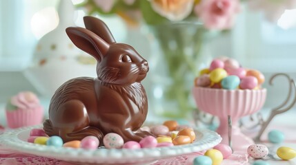 A chocolate bunny sitting atop a decorative plate, surrounded by pastel colored candies and jelly beans