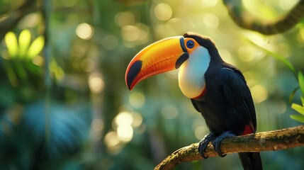Fototapeta premium A brightly colored toucan perches on a branch in the rainforest. The toucan has a large, orange beak and a black body with a white throat.