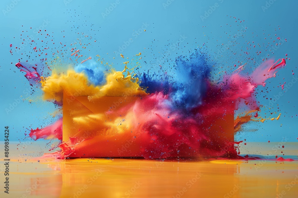 Poster an envelope erupting with a dynamic explosion of vibrant colors against a blue backdrop