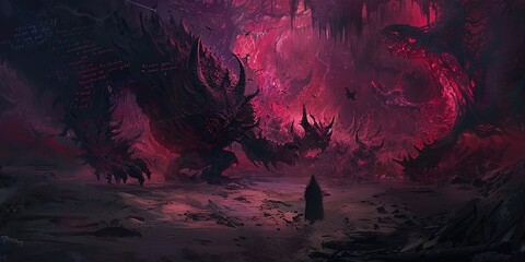artistic illustration dark fantasy nightmare slumber land, wanderer mage facing the thorn monster with hell fire burst around, Generative Ai	

