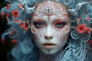 Close-up of a person with intricate fantasy makeup and floral adornments creating a mystical appearance