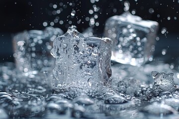 Macro shot emphasizes water droplets cascading over the intricate surface of ice cubes