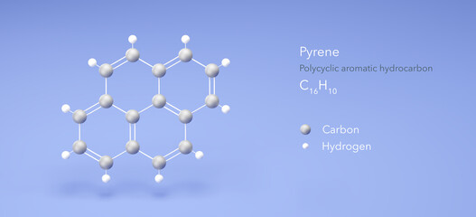 pyrene molecule, molecular structures, polycyclic aromatic hydrocarbon, 3d model, Structural Chemical Formula and Atoms with Color Coding