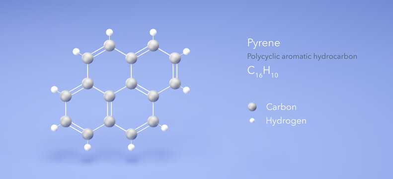 pyrene molecule, molecular structures, polycyclic aromatic hydrocarbon, 3d model, Structural Chemical Formula and Atoms with Color Coding