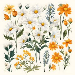 set of daisies, plants, leaves and flowers. illustrations of beautiful realistic flowers for background, pattern or wedding invitations