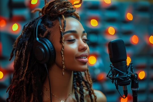 Female singer with headphones singing into a microphone in a soundproof studio, enjoying the moment - Powered by Adobe