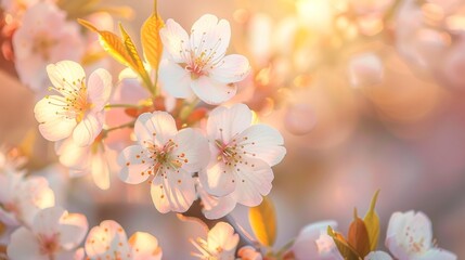 Fototapeta premium Closeup of delicate cherry blossoms in full bloom, with a blurred background of soft pink and white petals against the warm glow of sunlight filtering through the leaves.