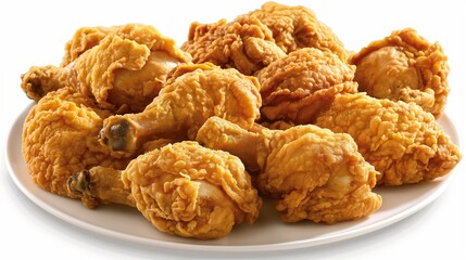 A platter of crispy fried chicken glistening with golden-brown perfection arranged neatly on a pristine white background promising a satisfying crunch with every bite - Powered by Adobe