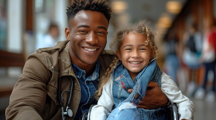 A young girl is smiling at a man who is wearing a white coat