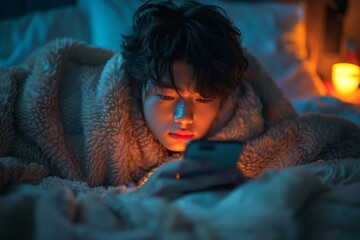 A young man is engrossed in his smartphone while wrapped in a warm blanket, illuminated by soft, ambient light