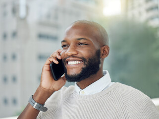 Business, black man and phone call in city with speaking for virtual consultation, corporate job and conversation. Male worker, consultant and mobile discussion on rooftop with contact and 5g network