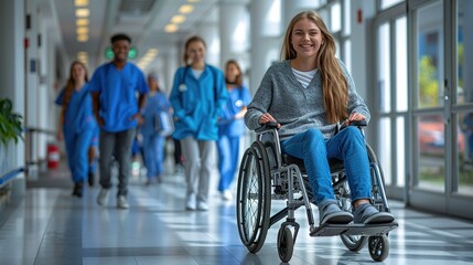 A young woman in a wheelchair is smiling as she walks down a hallway