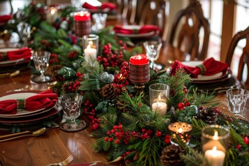 Naklejka premium A festive holiday table setting with red and green accents, candles, and a centerpiece of evergreen branches and berries