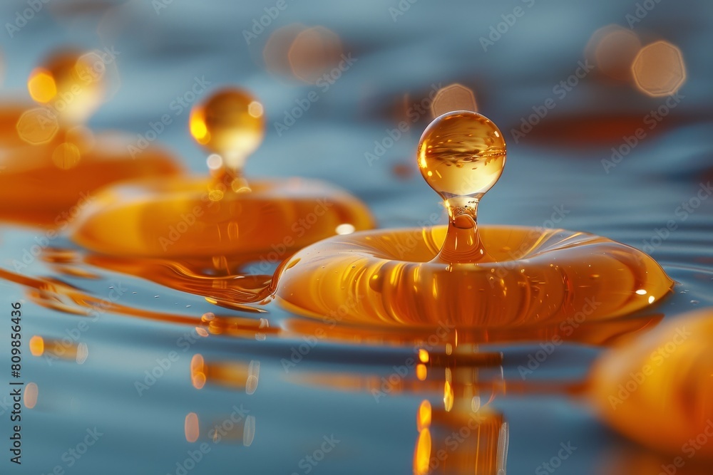Poster an artistic macro shot capturing the beauty and motion of water droplets creating ripples on a golde