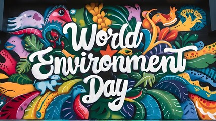 World environment Day illustration background with colorful plants. World earth day graffiti art.