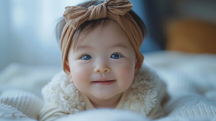 Cute smiling adorable asian baby girl. Beauty, studio, portrait, little.