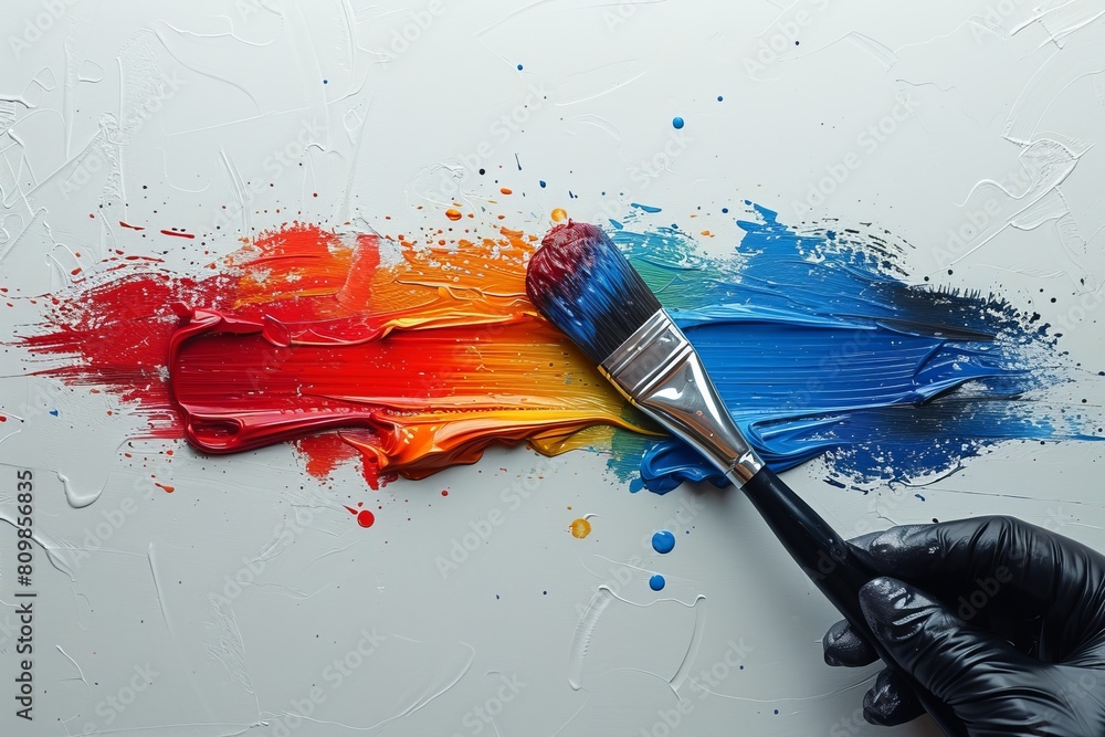 Poster an artistic expression of primary color paint boldly stroked by a brush with dynamic splashes