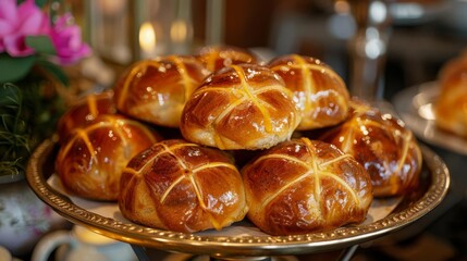 A platter of freshly baked hot cross buns, their glossy crusts adorned with the traditional cross symbol
