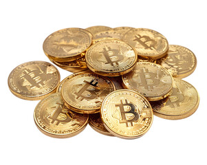 Pile of golden bitcoins, cripto coins on transparent background