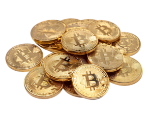 Pile of golden bitcoins, cripto coins on transparent background