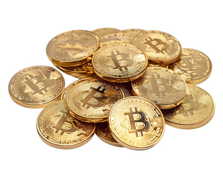 Pile of golden bitcoins, cripto coins on transparent background