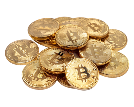 Pile of golden bitcoins, cripto coins on transparent background - Powered by Adobe