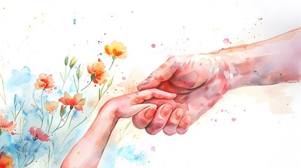 A vibrant watercolor painting of a mother's hand delicately holding a child's hand in a flowery background, with copy space
