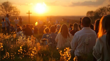 Enchanting images of families attending an Easter sunrise service, with worshippers gathered outdoors to celebrate the resurrection of Jesus Christ