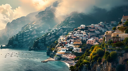 view of Positano town - famous old italian resort at summer day, Italy, retro toned
