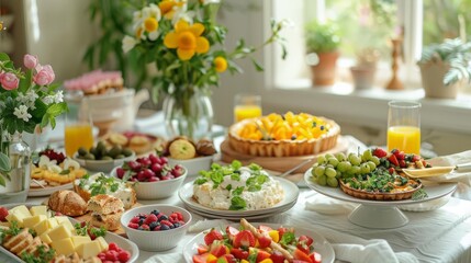 Joyful scenes of families gathering for an Easter brunch, with a buffet of delicious dishes including quiche, pastries, and fresh fruit